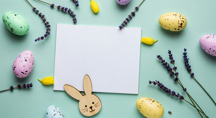 Wall Mural - easter themed still life with blank greeting card, colorful eggs, lavender flowers and wooden bunny 