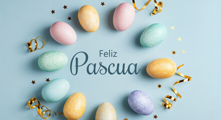 Wall Mural - pastel colored easter eggs arranged in a circle on a light blue background, adorned with golden conf