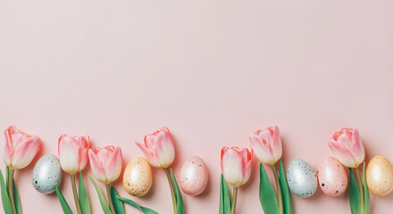 Wall Mural - easter eggs and pink tulips forming a bottom border on a pink background, perfect for spring and eas