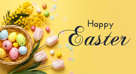Wall Mural - easter eggs in a wicker basket, mimosa, tulips, candies and confetti on a yellow background with the