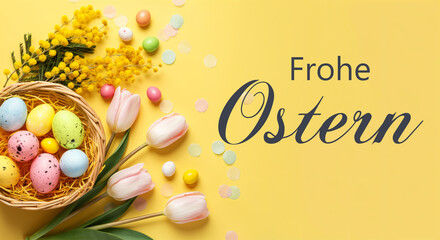 Wall Mural - easter eggs in basket, pink tulips and yellow mimosa flowers on yellow background with confetti and 