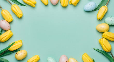 Wall Mural - easter eggs and yellow tulips creating a frame on a light green background with copy space