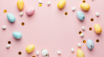 Wall Mural - easter eggs and small candies creating a frame on a pink background, perfect for easter projects