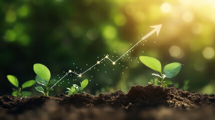 Aufkleber - Young plants growing in soil with upward trending graph showing growth and development.