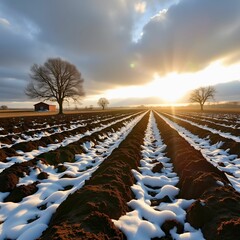 Poster - field with rows of crops and a barn in the background. The sky is cloudy with a bright sun shining through, casting rays of light over the landscape.