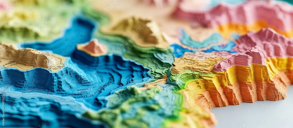 Colorful 3D topographic map model showing terrain features like ...