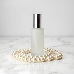 Wall Mural - Glistening Elegance Luxurious Haircare Bottle Amidst Pearls on White Marble