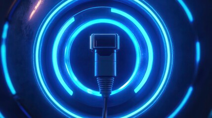 Poster - Futuristic blue glowing charging station with a connector.