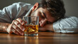 © Sergey - Alcoholism, alcohol addiction and people concept - male alcoholic with glass of whiskey lying or sleeping on table isolated with white highlights, png