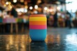 © Espresso - Colorful reusable cup displayed on a reflective surface in a vibrant café setting.
