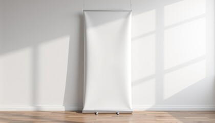 Aufkleber - Blank roll-up banner mockup leaning against white wall in bright room