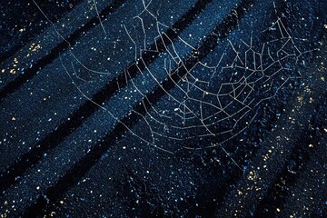 A spiderweb illuminated at night, glistening with dew, against a dark asphalt background.