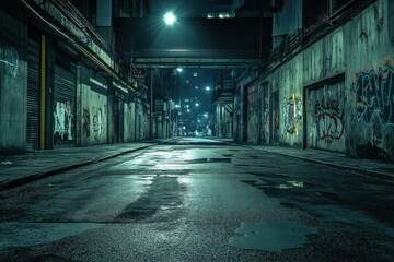 Aufkleber - Empty urban street reflects isolation with symbolic virus motif at night in a deserted city atmosphere. Generative AI