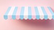 © ImageKing - Shop, cafe or market canopy, awning with white, blue and pink stripes. Striped sunshade for grocery, candy store or stall with ice cream or cotton candy, vector realistic 3d. 3D Illustration
