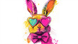 © alexandr - a vibrant portrait of a bunny wearing pink heart-shaped sunglasses and a bowtie with bold splashes of color on white background