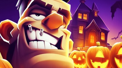 Wall Mural - Cartoon man with a mischievous grin, in front of a haunted house with pumpkins. Halloween theme.