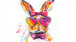 © alexandr - a colorful artistic illustration of a rabbit wearing pink heart-shaped sunglasses and a matching bowtie on a white background