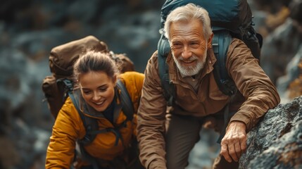 hikers climbing mountain, senior man and young woman trekking in nature