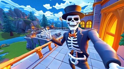 Wall Mural - Cartoon skeleton in top hat posing on a balcony overlooking a picturesque landscape.