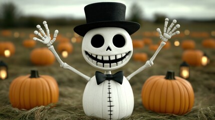 Wall Mural - Cartoon skeleton in top hat, surrounded by pumpkins in a field, appearing happy and playful.