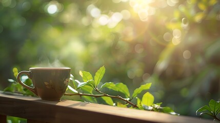 Wall Mural - Coffee cup on the balcony with morning light and green nature background.