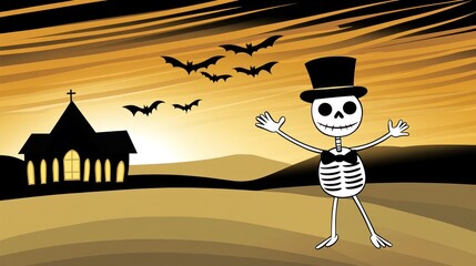 Wall Mural - Cartoon skeleton in top hat waving at sunset near church.