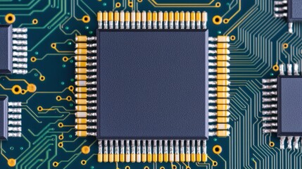 Circuit board background and electronics minimal, A close-up image of a microchip on a printed circuit board, showcasing intricate connections and components.