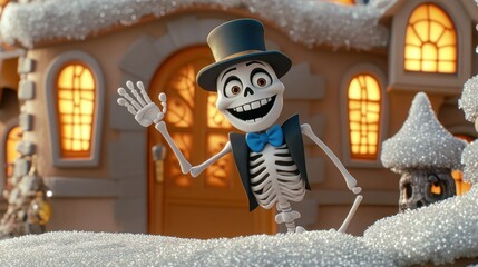 Wall Mural - Cartoon skeleton waving with a winter wonderland background.