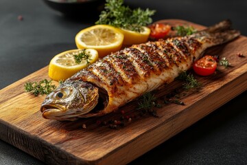 Sticker - A whole grilled fish garnished with herbs, lemon slices, and cherry tomatoes on a wooden cutting board