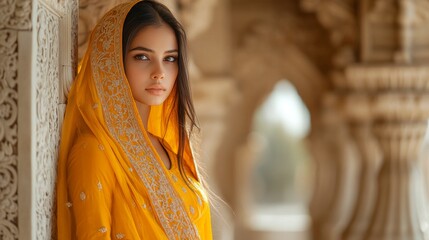 Poster - A young woman in a bright yellow outfit and matching headscarf stands against an intricately carved architectural backdrop