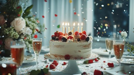 Wall Mural - Celebration cake with candles and confetti, festive table setting.