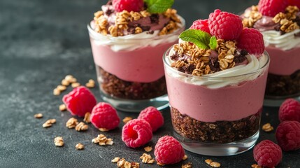 Sticker - A minimalistic display of layered dessert in glass cups, featuring raspberry mousse, granola, and fresh raspberries on top