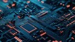 © Nitchalee N. - Circuit board background and electronics minimal, A close-up view of a circuit board, showcasing intricate patterns and glowing components in a vibrant blue and orange color scheme.