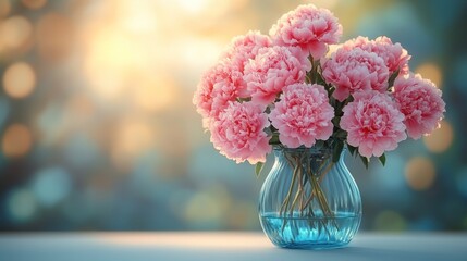 Sticker - Pink peonies in a blue glass vase at sunset.