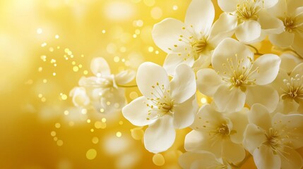 Wall Mural - A close up of a white flower with a bright yellow background. The flower is surrounded by green leaves and the background is filled with sunlight. Concept of warmth and happiness