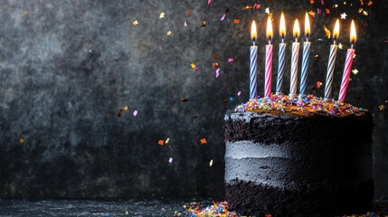 Wall Mural - Chocolate birthday cake with candles and confetti. (1)