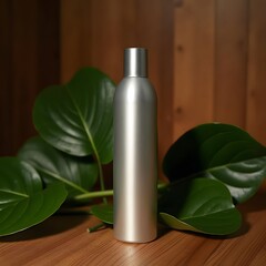 Wall Mural - Elegant Haircare Bottle on Luxe Wooden Background with Green Leaves