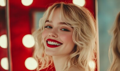 Wall Mural - Woman with blonde hair and a red lipstick is smiling at the camera. She is looking at her reflection in a mirror