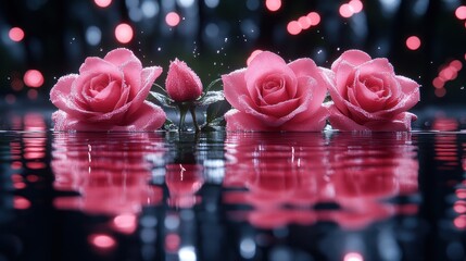 Sticker - Pink roses floating on water with bokeh lights.