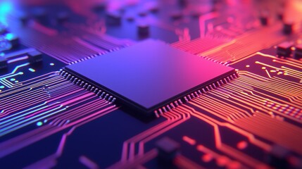 Circuit board background and electronics minimal, A close-up of a circuit board with a central processor, illuminated by colorful neon lights, highlighting the intricate connections and technology.
