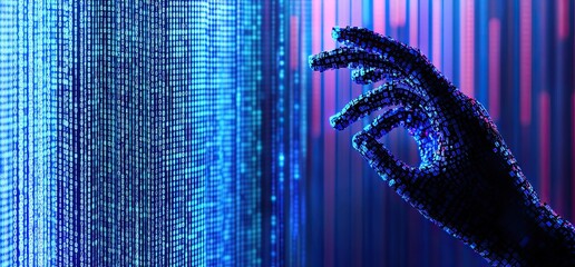 a three-dimensional image of a cyborg hand holding a binary data cloud