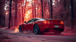 © Hq Visual Studio - Beautiful modern sport car driving fast on scenic road in forest at sunset , automotive background, tuning template, auto transport