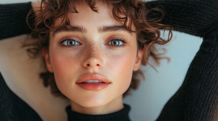 Poster - A close-up portrait of a confident woman with curly hair and striking blue eyes, showcasing a natural makeup look against a light background