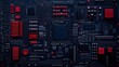 © Nitchalee N. - Circuit board background and electronics minimal, A close-up view of a dark, intricate circuit board featuring red and black components, highlighting the complexity of modern technology.