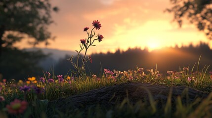 Wall Mural - Sunset illuminates wildflowers in a meadow.