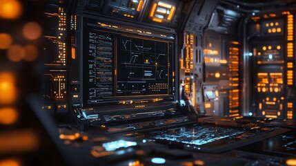 Poster - Futuristic spaceship cockpit showing programming code on monitor and keyboard