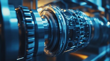 Leinwandbilder - Complex futuristic engine rotating with gears and ball bearing in blue light