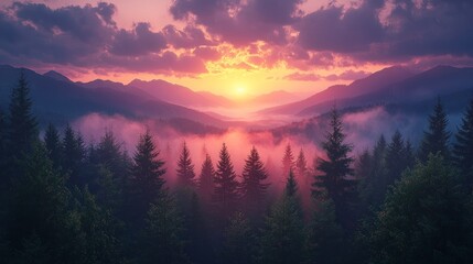 Wall Mural - Pink sunset over misty mountains.