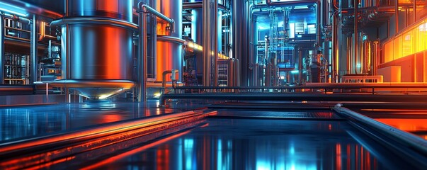Leinwandbilder - Industrial interior of futuristic factory with pipes and tanks