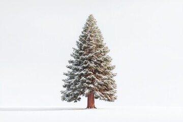 Wall Mural - A majestic snow-covered redwood tree stands tall against a pristine white background.